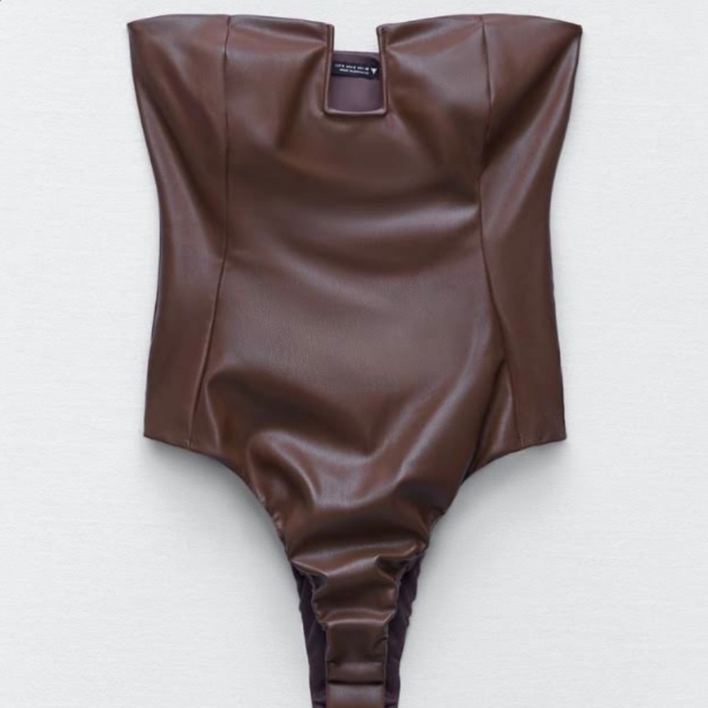 Zara strapless, faux-leather bodysuit; Size: M; Color: Brown